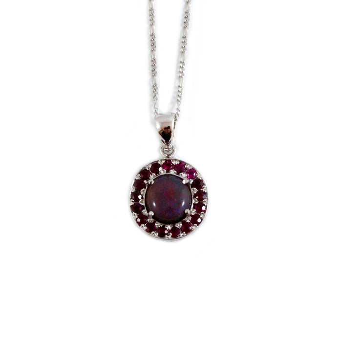 Australian jelly opal and ruby halo white gold pendant necklace - Sarah Hughes - 1