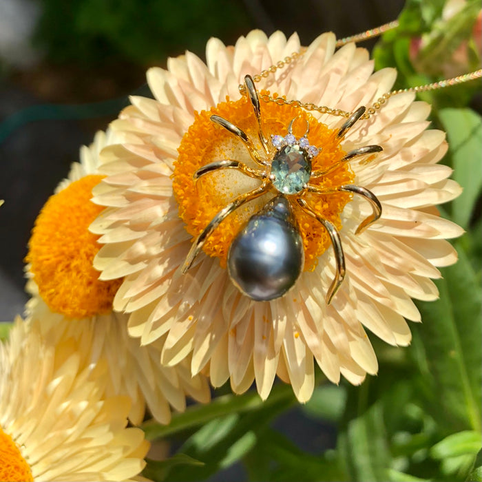 Spider arachnid insect Tahitian pearl Australian parti sapphire 14k yellow gold pendant necklace