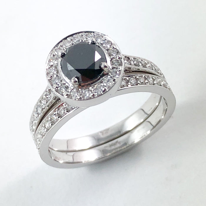 Black diamond round diamond halo 14k white gold wedding ring set