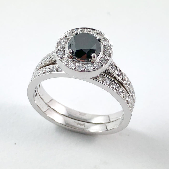 Black diamond round diamond halo 14k white gold wedding ring set