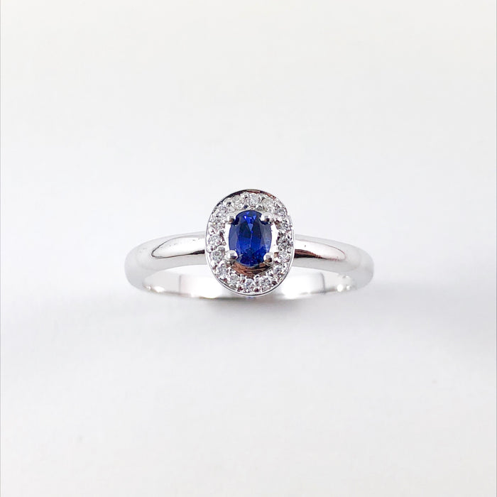 Ceylon sapphire oval and white diamond halo 14k white gold ring