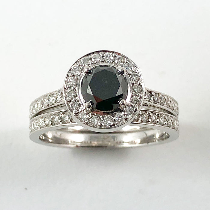 Black diamond round diamond halo 14k white gold wedding ring set