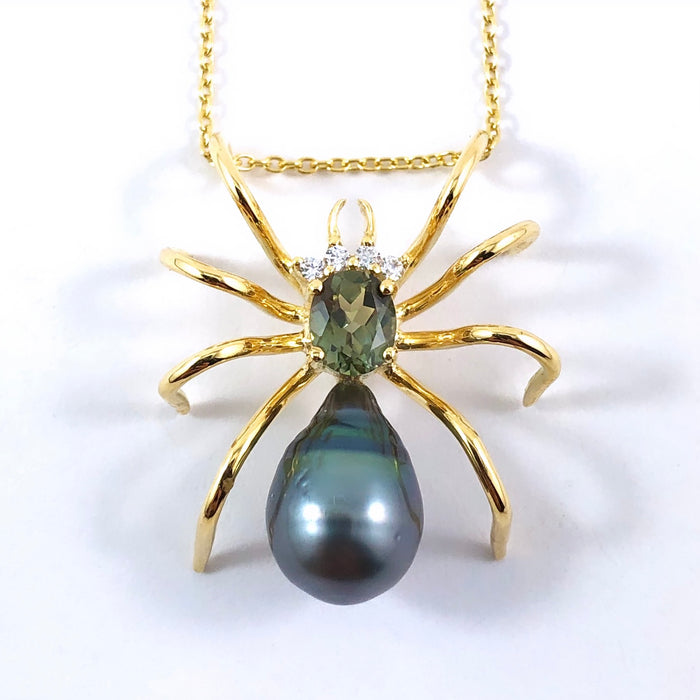 Spider arachnid insect Tahitian pearl Australian parti sapphire 14k yellow gold pendant necklace