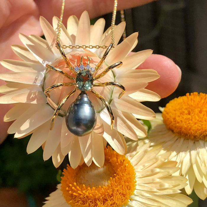 Spider arachnid insect Tahitian pearl Australian parti sapphire 14k yellow gold pendant necklace