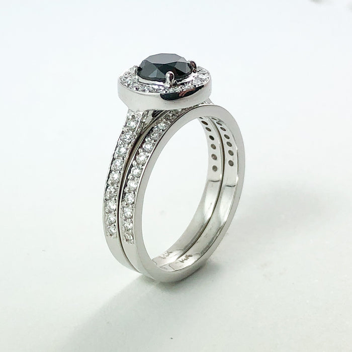 Black diamond round diamond halo 14k white gold wedding ring set