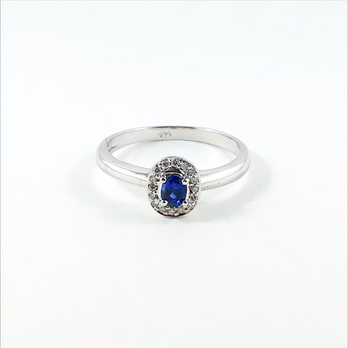 Ceylon sapphire oval and white diamond halo 14k white gold ring