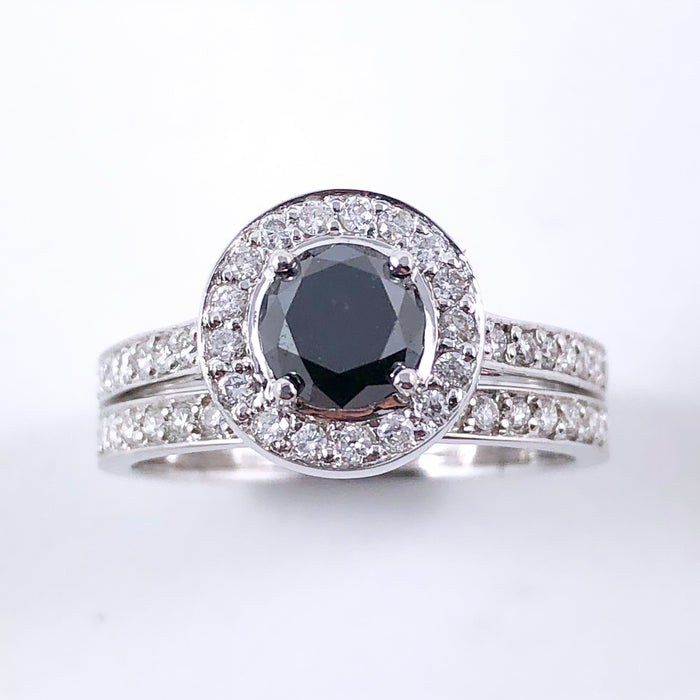 Black diamond round diamond halo 14k white gold wedding ring set