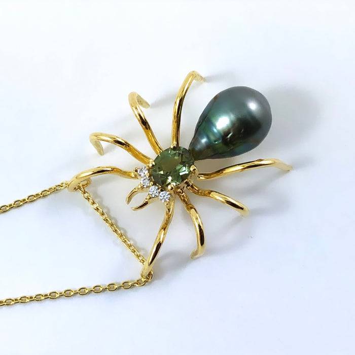 Spider arachnid insect Tahitian pearl Australian parti sapphire 14k yellow gold pendant necklace