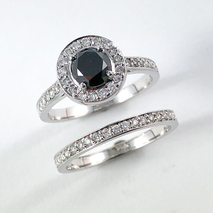 Black diamond round diamond halo 14k white gold wedding ring set