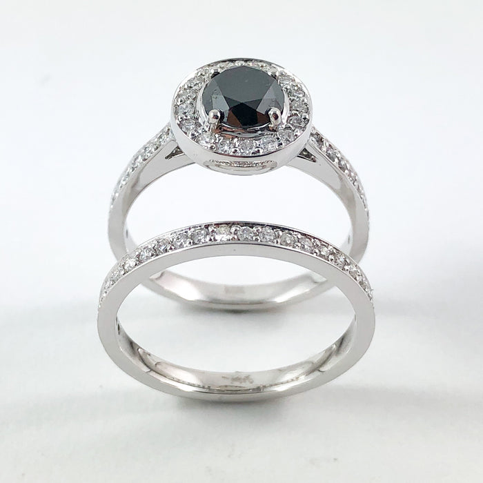 Black diamond round diamond halo 14k white gold wedding ring set