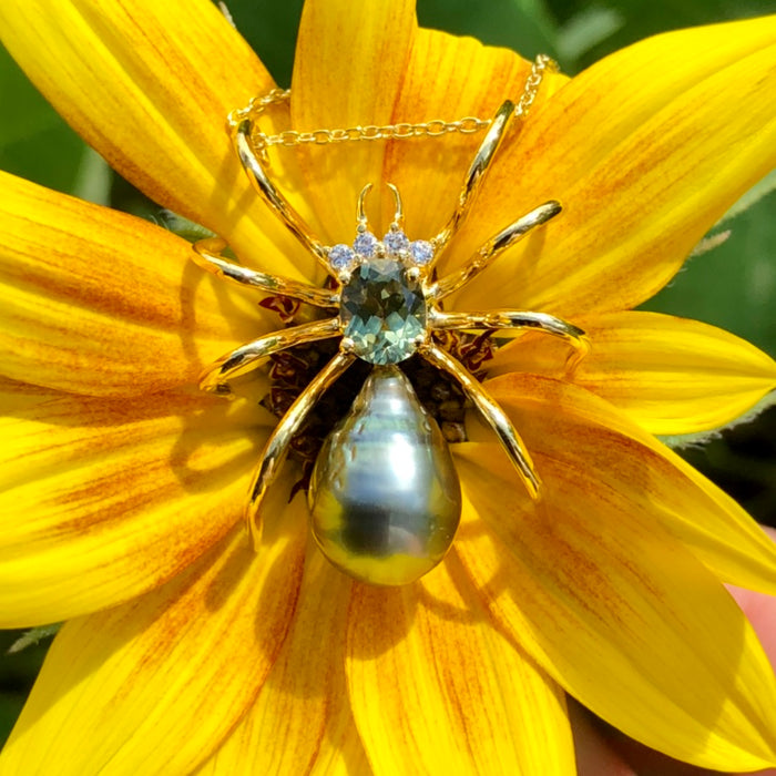 Spider arachnid insect Tahitian pearl Australian parti sapphire 14k yellow gold pendant necklace