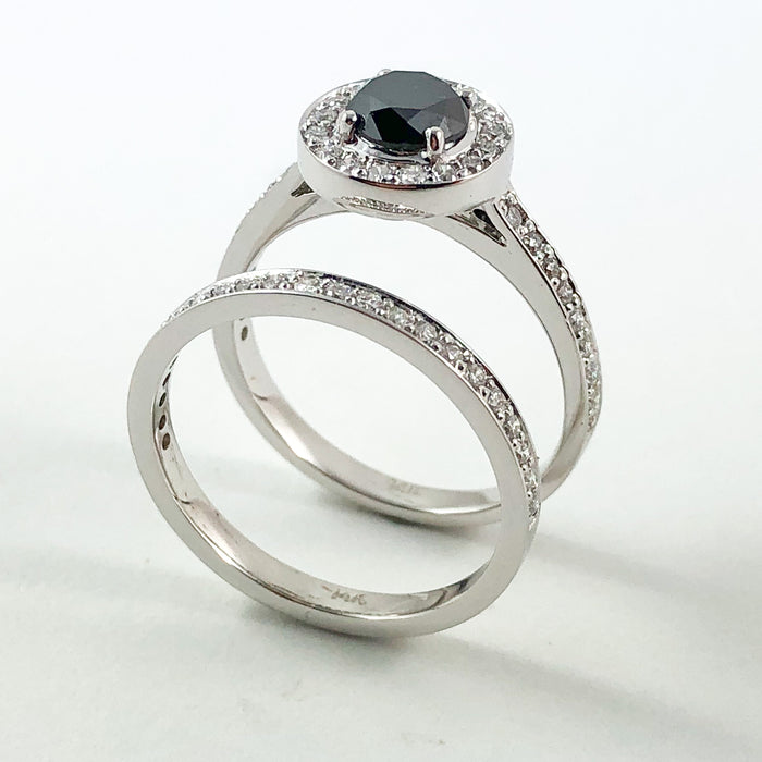 Black diamond round diamond halo 14k white gold wedding ring set