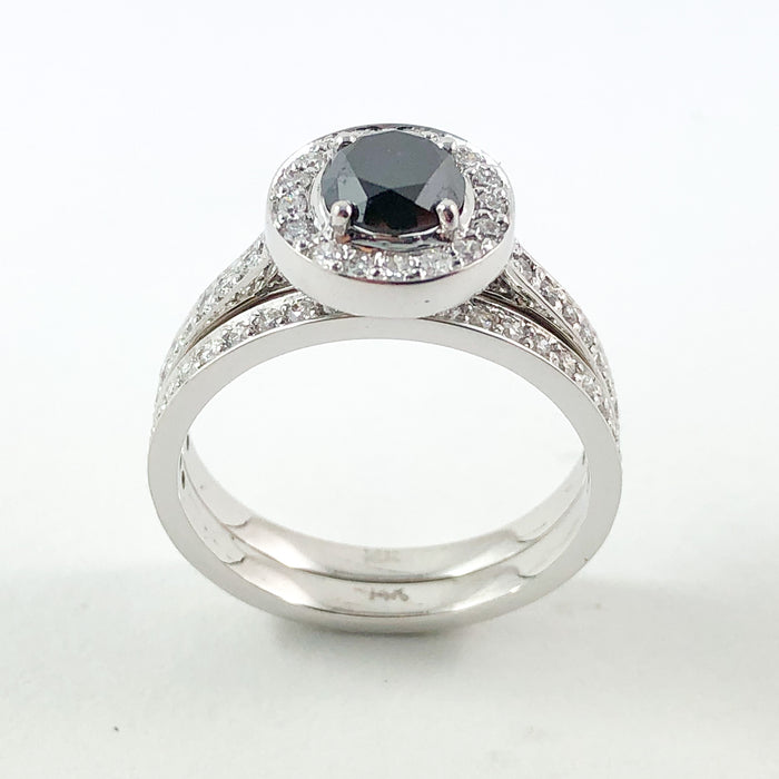 Black diamond round diamond halo 14k white gold wedding ring set