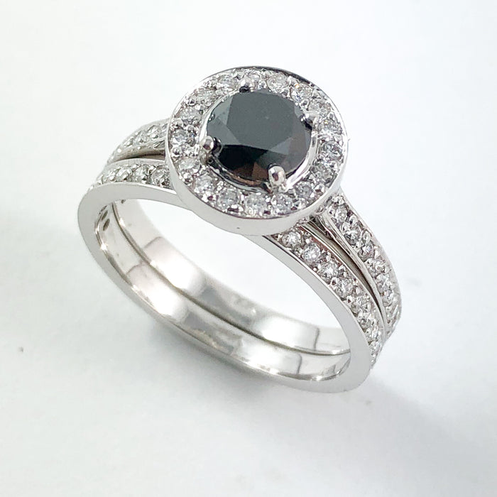 Black diamond round diamond halo 14k white gold wedding ring set