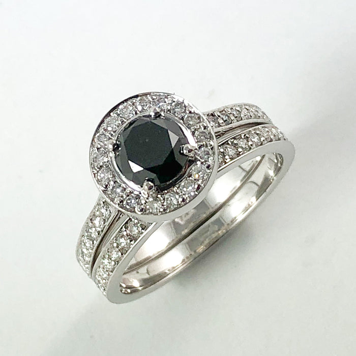 Black diamond round diamond halo 14k white gold wedding ring set