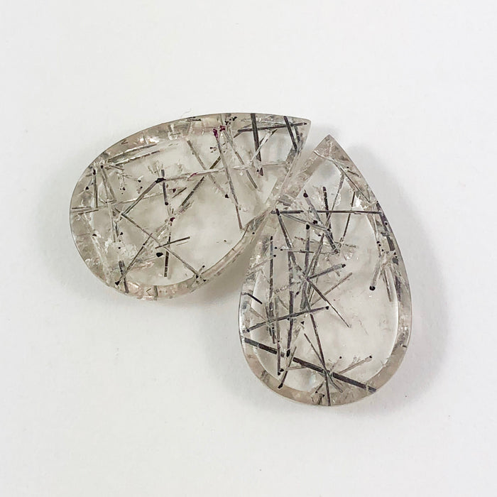 Tourmalated rock quartz pear cut matched cabochon pair 21.44 carats total - Buy loose or customise