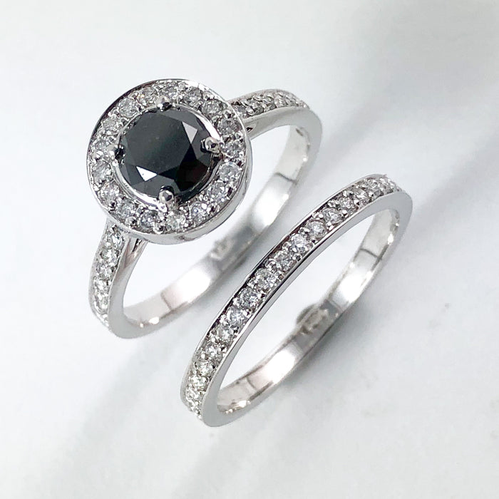 Black diamond round diamond halo 14k white gold wedding ring set
