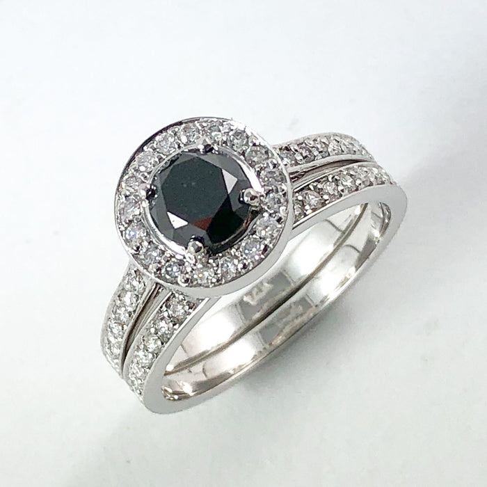 Black diamond round diamond halo 14k white gold wedding ring set