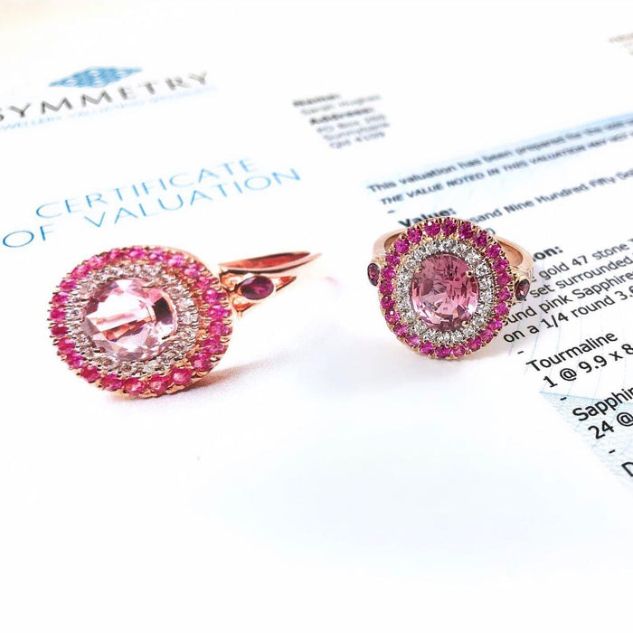 CUSTOM ORDER for Loulou - Custom pink tourmaline, diamond halo, pink sapphire halo, rhodolite garnet, mixed 14k white and rose gold, split band ring size 9 US