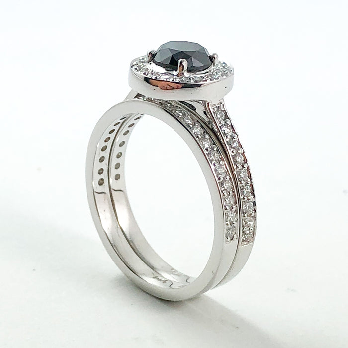 Black diamond round diamond halo 14k white gold wedding ring set