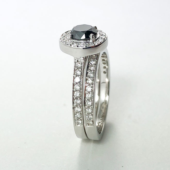 Black diamond round diamond halo 14k white gold wedding ring set