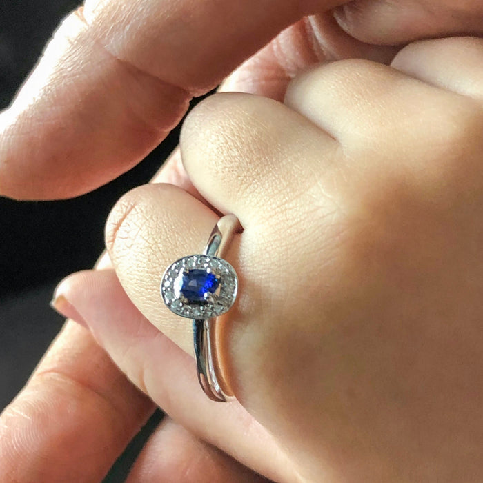 Ceylon sapphire oval and white diamond halo 14k white gold ring