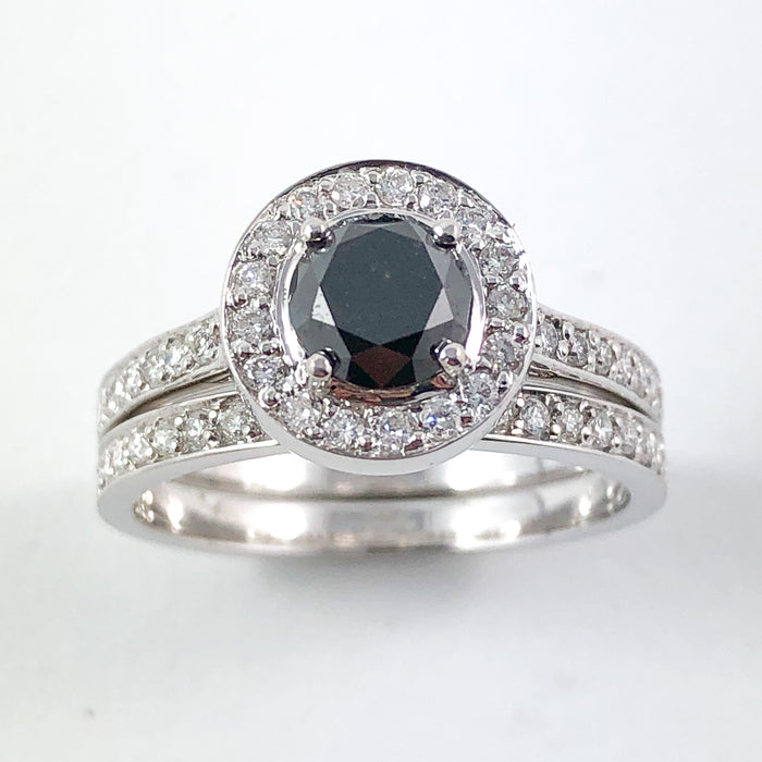 Black diamond round diamond halo 14k white gold wedding ring set