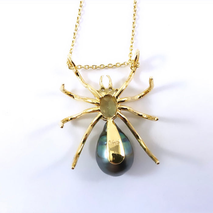 Spider arachnid insect Tahitian pearl Australian parti sapphire 14k yellow gold pendant necklace