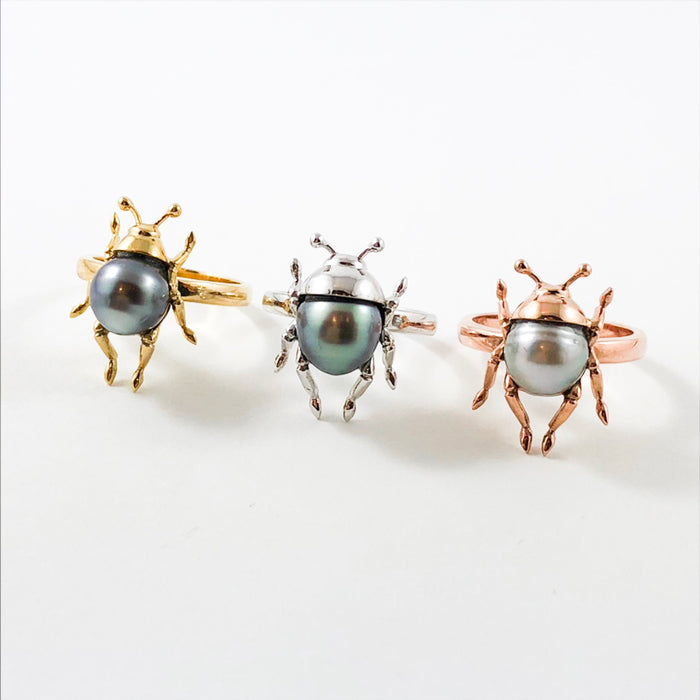 Beetle bug insect Tahitian pearl 14k rose gold ring