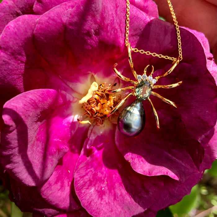 Spider arachnid insect Tahitian pearl Australian parti sapphire 14k yellow gold pendant necklace
