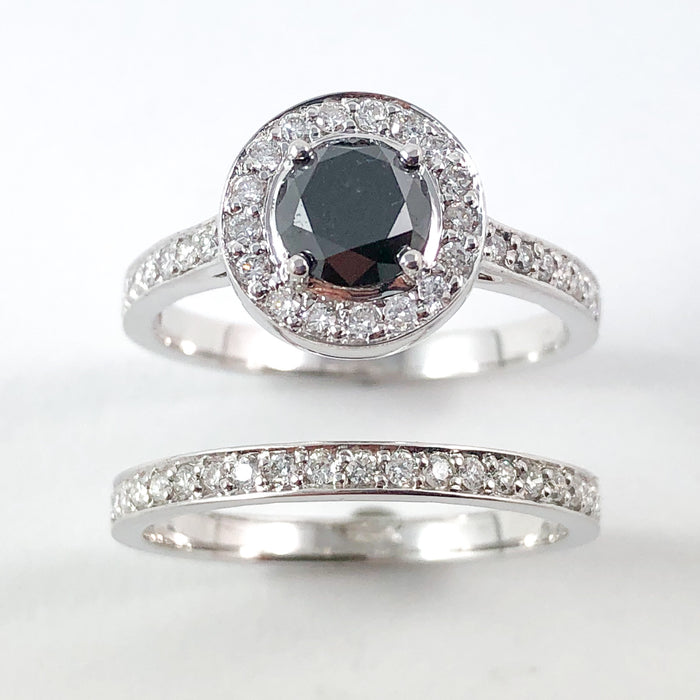 Black diamond round diamond halo 14k white gold wedding ring set