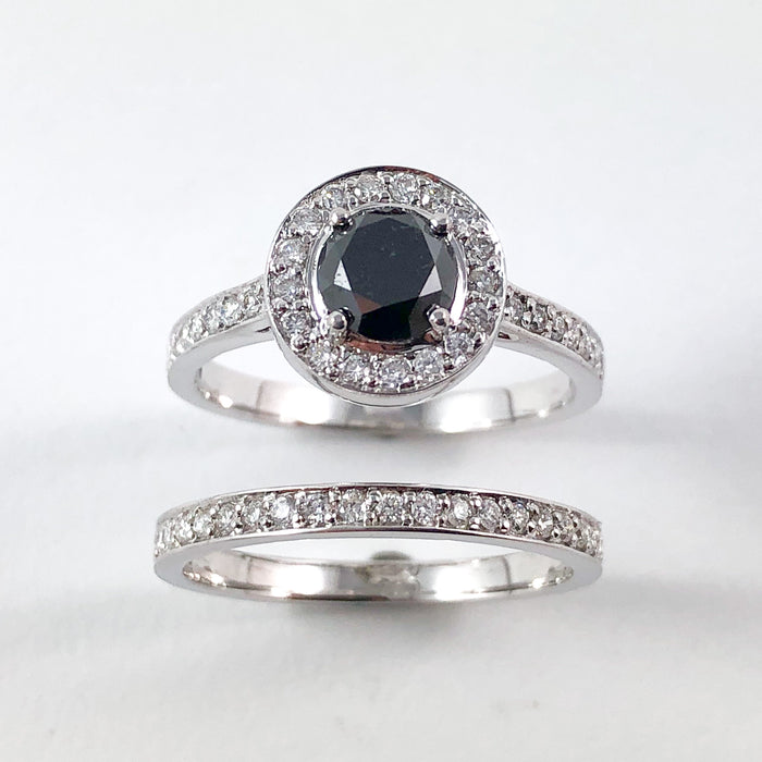 Black diamond round diamond halo 14k white gold wedding ring set