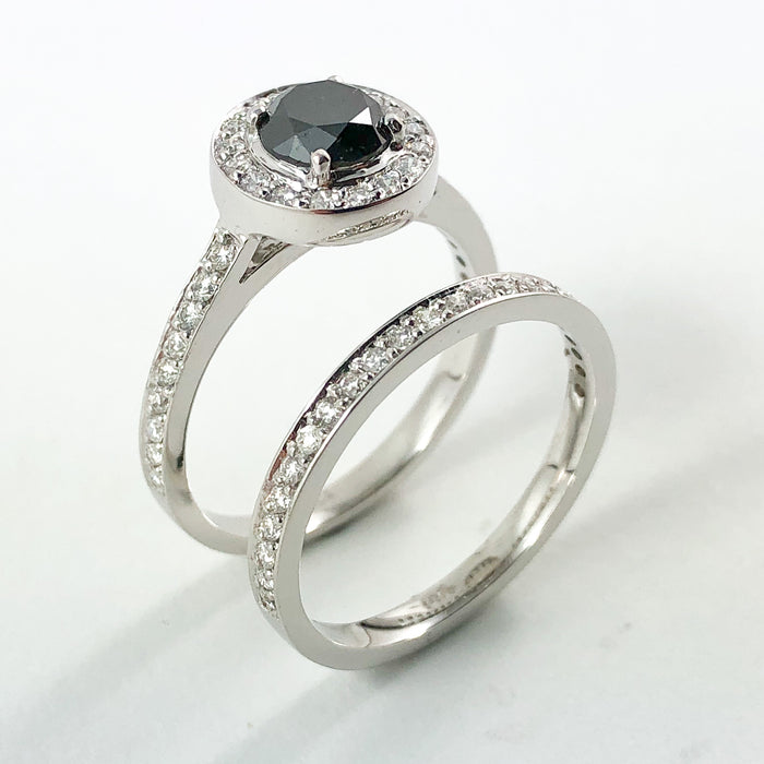 Black diamond round diamond halo 14k white gold wedding ring set