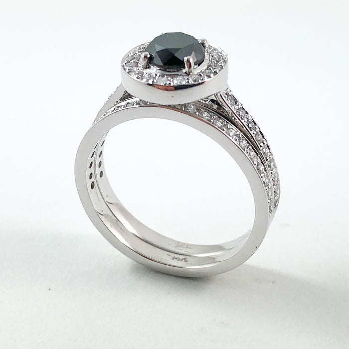 Black diamond round diamond halo 14k white gold wedding ring set