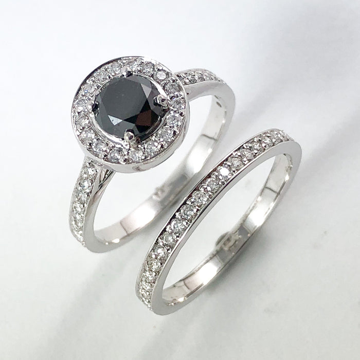 Black diamond round diamond halo 14k white gold wedding ring set