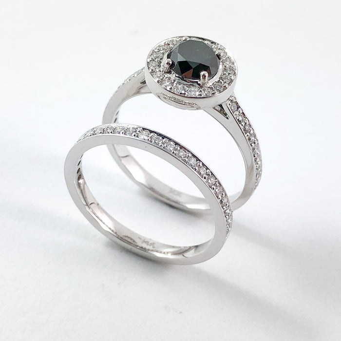 Black diamond round diamond halo 14k white gold wedding ring set