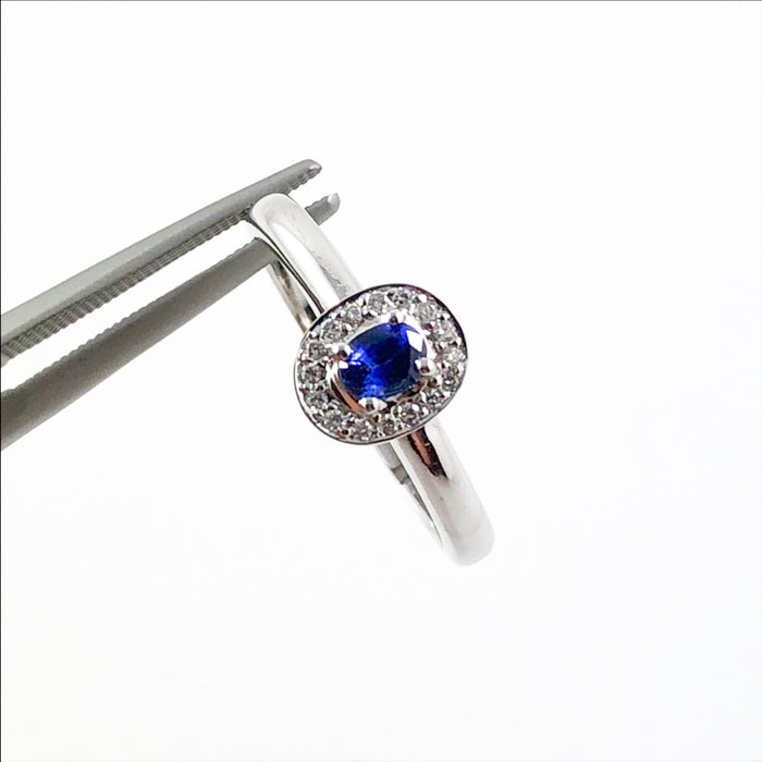 Ceylon sapphire oval and white diamond halo 14k white gold ring