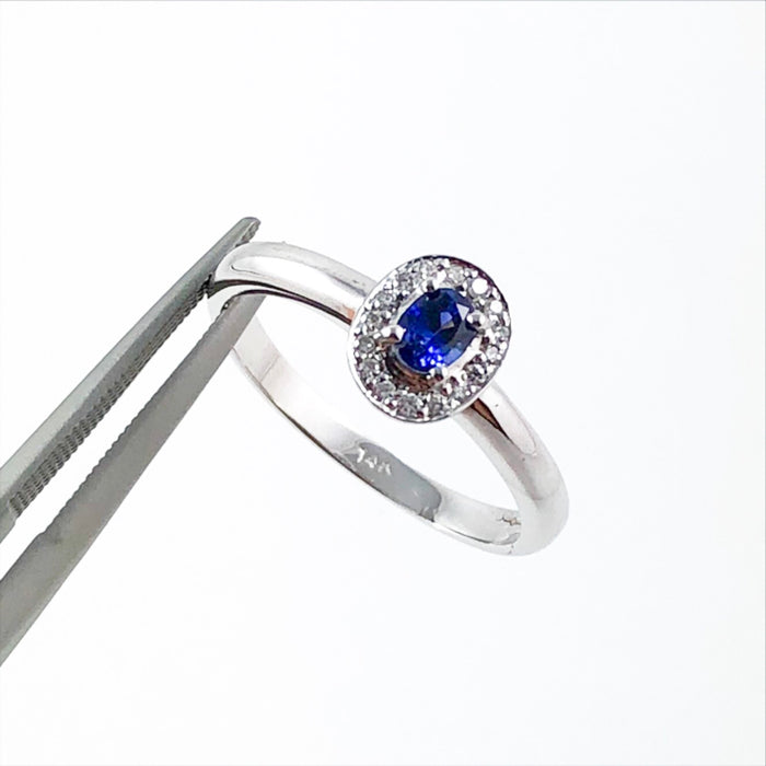 Ceylon sapphire oval and white diamond halo 14k white gold ring
