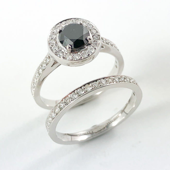 Black diamond round diamond halo 14k white gold wedding ring set