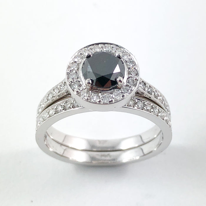 Black diamond round diamond halo 14k white gold wedding ring set