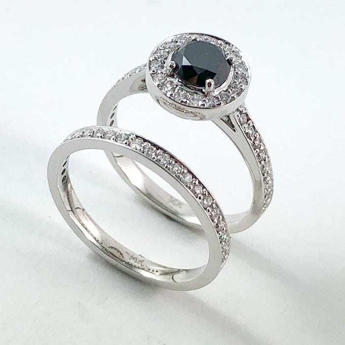 Black diamond round diamond halo 14k white gold wedding ring set