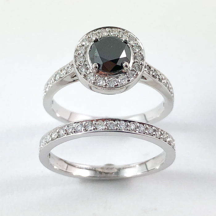 Black diamond round diamond halo 14k white gold wedding ring set