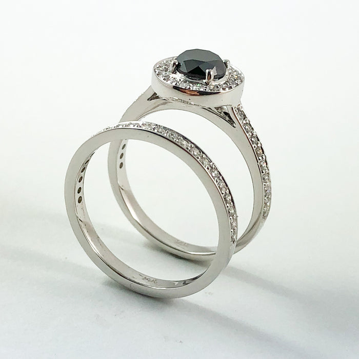 Black diamond round diamond halo 14k white gold wedding ring set
