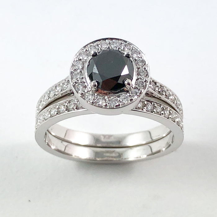 Black diamond round diamond halo 14k white gold wedding ring set