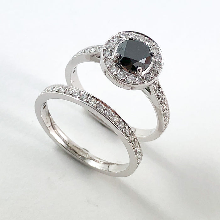 Black diamond round diamond halo 14k white gold wedding ring set
